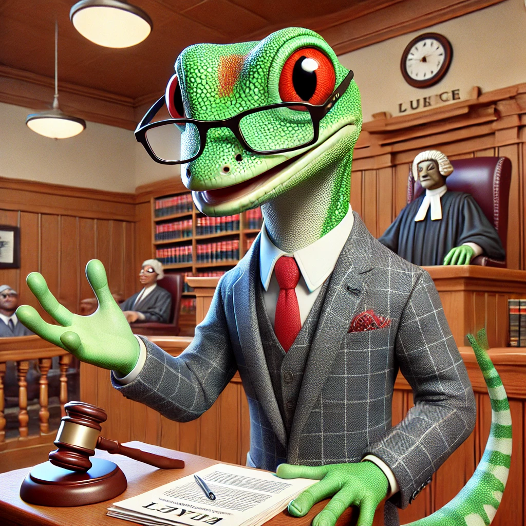 An anthropomorphic gecko acting as a lawyer