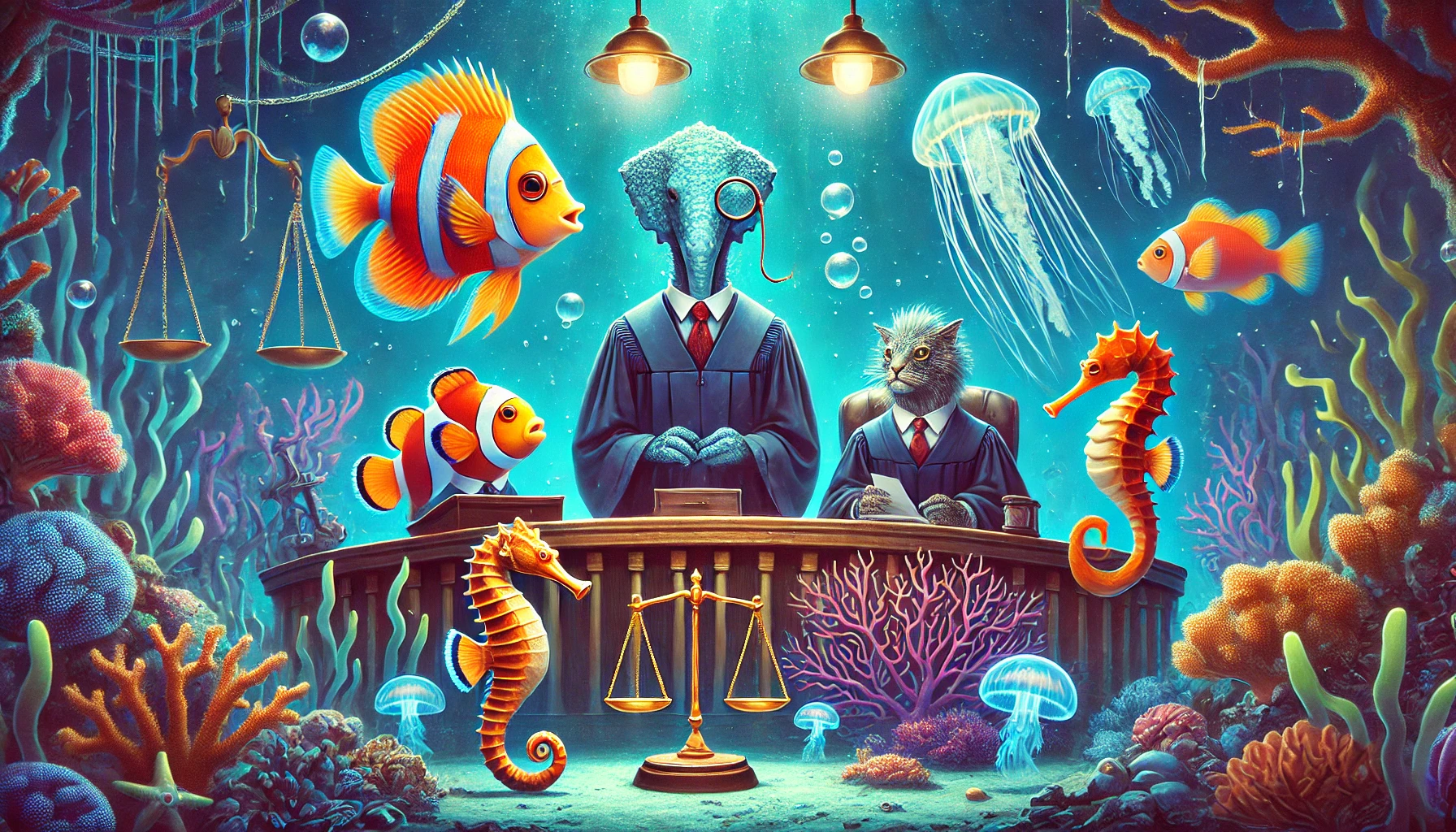Anthropomorphic fish and sea creatures acting as legal professionals