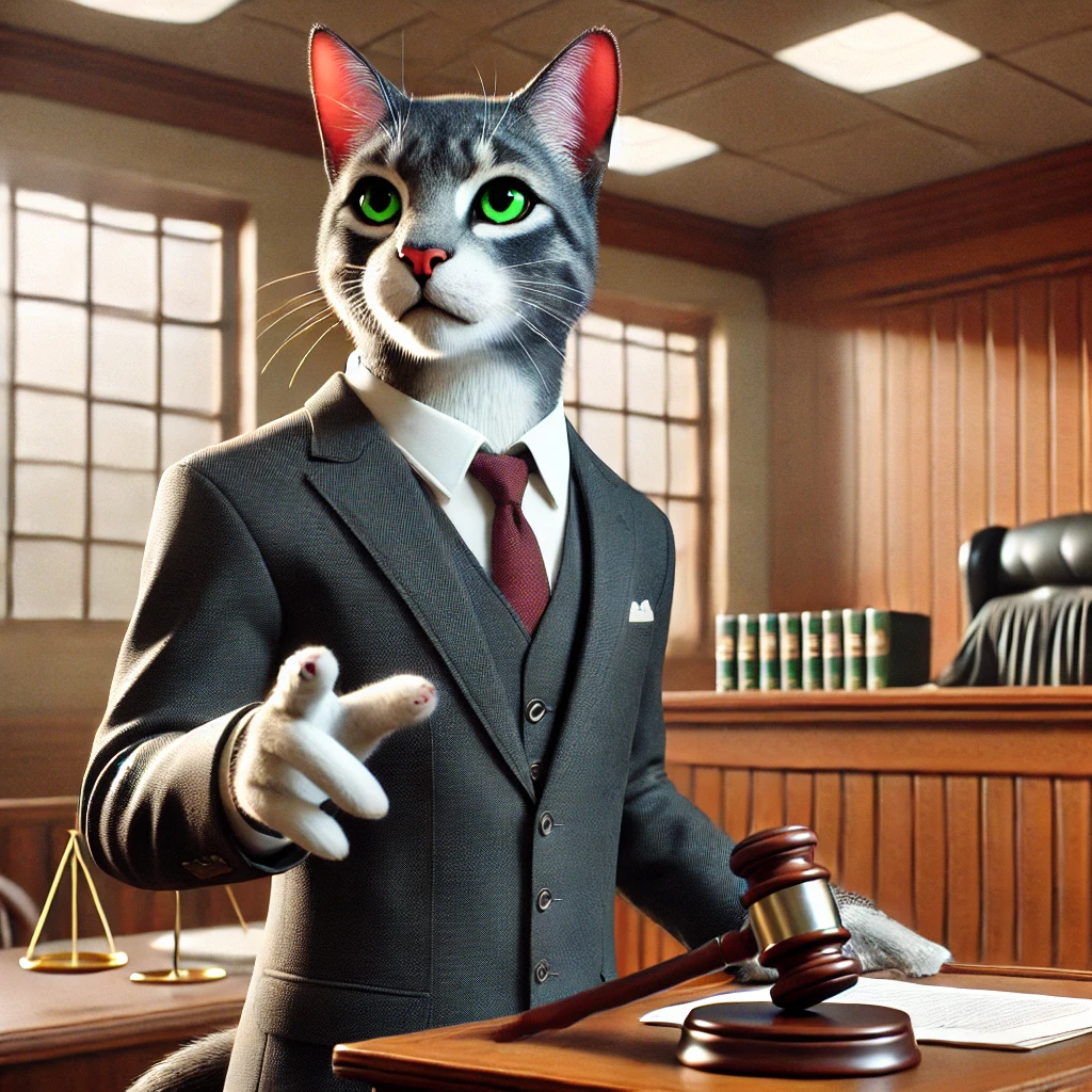 A sophisticated anthropomorphic cat dressed as a lawyer in a courtroom. The cat is wearing a tailored dark suit, a white shirt, and a red tie