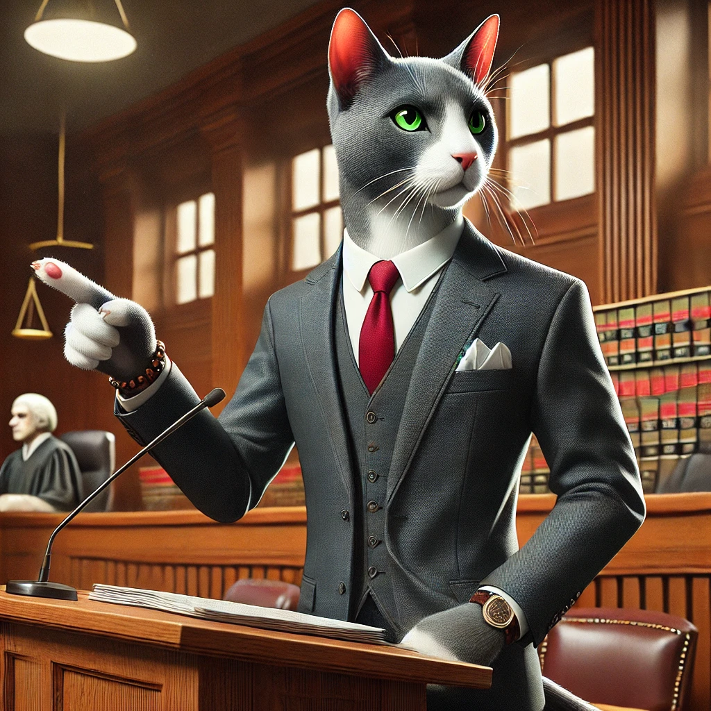 A sophisticated anthropomorphic cat dressed as a lawyer in a courtroom