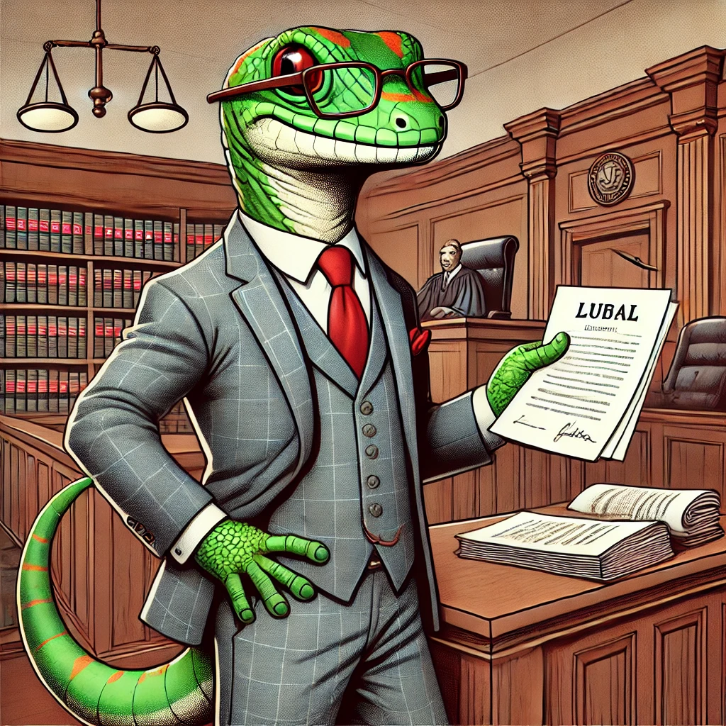 illustration of an anthropomorphic gecko acting as a lawyer